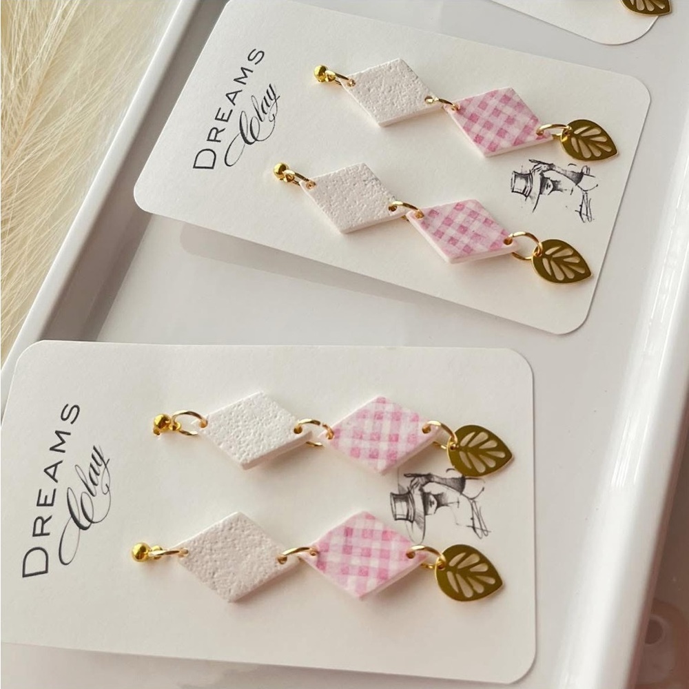 Pink & White Gingham Drop Earrings with Gold Leaf Charm